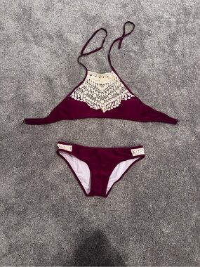 Crochet Accent Halter Bikini Set - Burgandy
